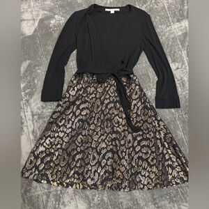 DVF-Style Wrap Dress – Metallic Print Skirt, Hidden Pockets, Cocktail Length
